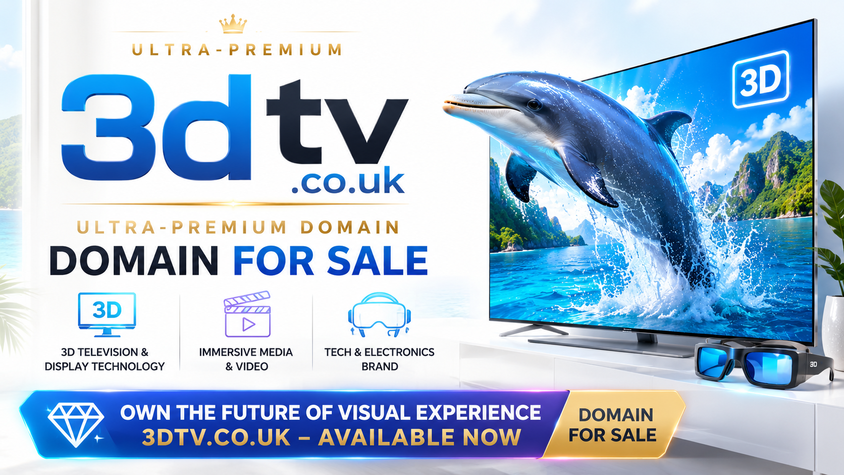 Promotional graphic featuring the domain 3dtv.co.uk with 3D TV visuals and premium branding. Style: bright futuristic luxury.