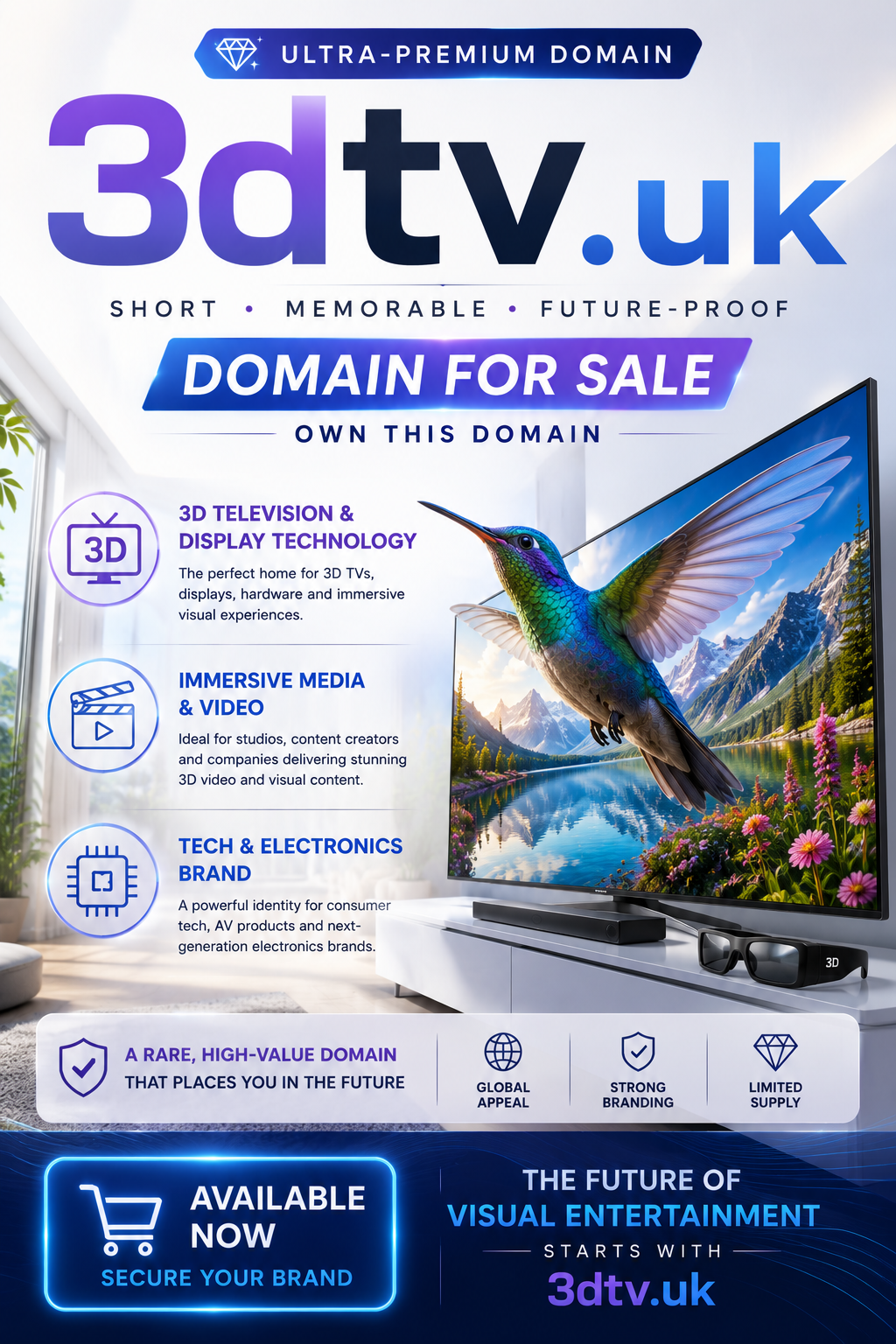 Promotional poster featuring the domain 3dtv.uk with futuristic 3D TV visuals and holographic branding. Style: bright premium tech.
