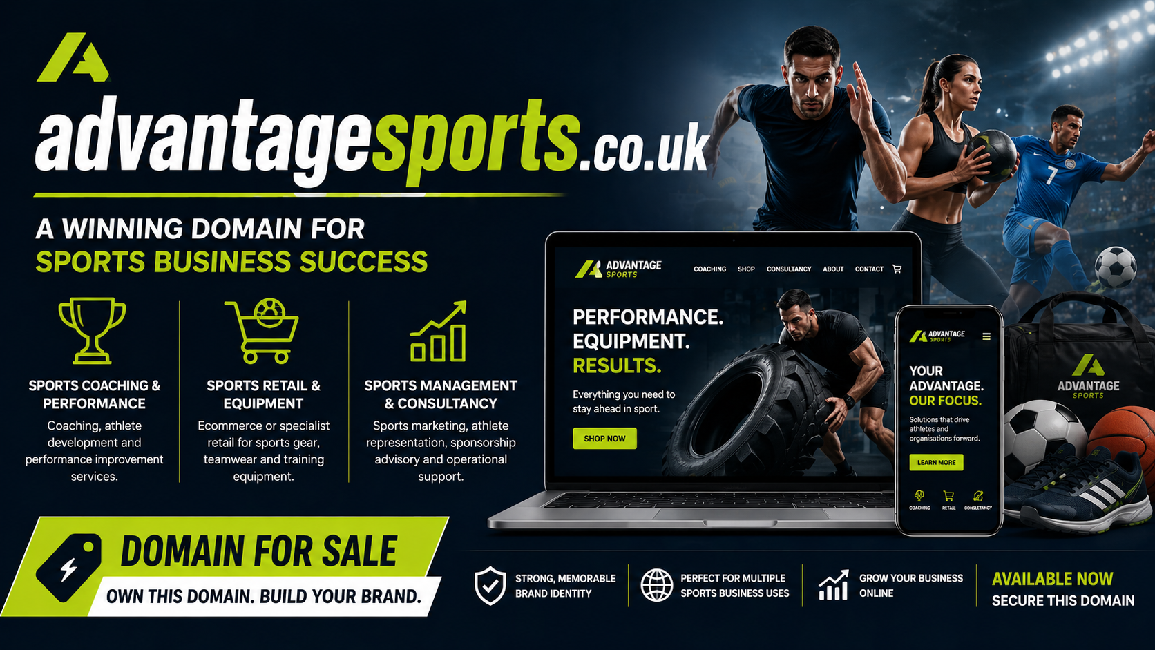 Promotional graphic featuring the domain advantagesports.co.uk, shown with athletes and sports gear. Style: bold modern sports branding.