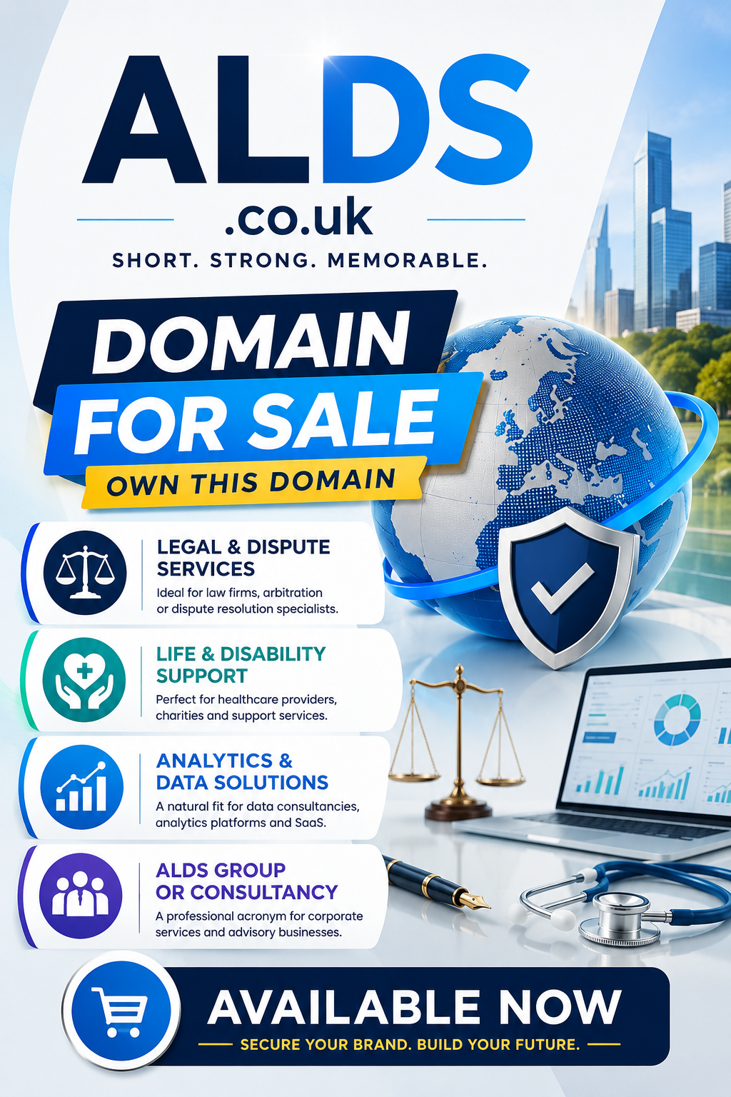 Promotional graphic featuring the domain ALDS.co.uk with legal icons, analytics charts and healthcare motifs. Style: modern corporate.