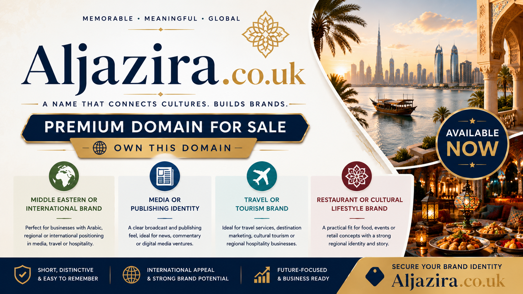 Promotional domain graphic featuring the domain Aljazira.co.uk, shown with Middle Eastern travel and media-inspired visuals. Style: elegant, international and professional.