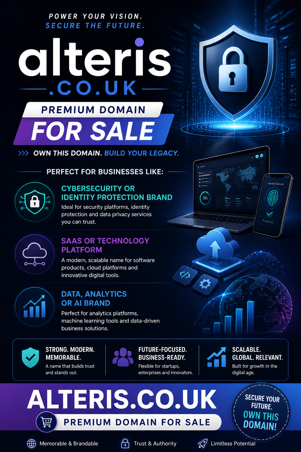 Promotional graphic featuring the domain alteris.co.uk, shown with shield and data icons. Style: futuristic tech