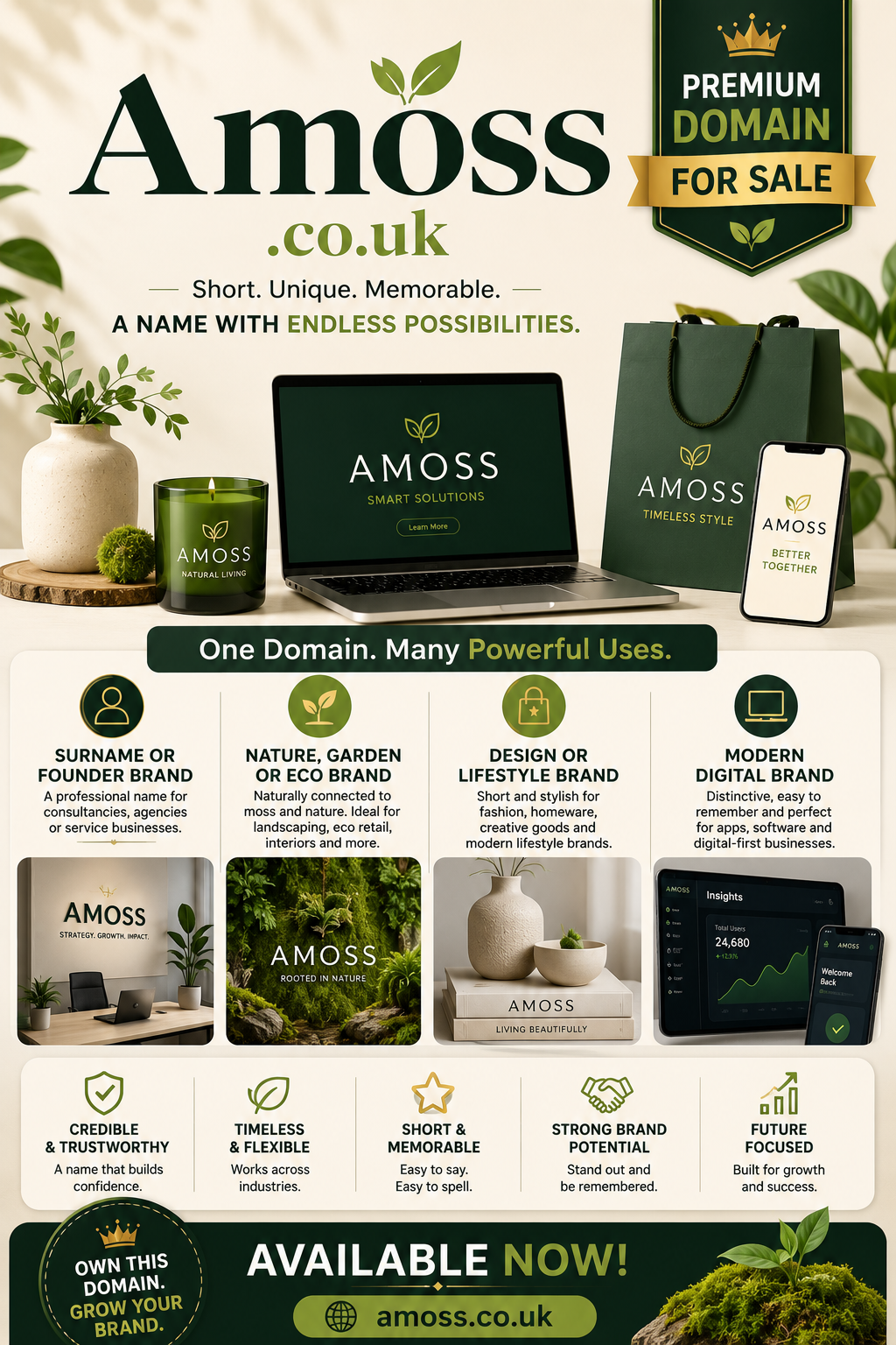 Promotional graphic featuring the domain Amoss.co.uk, shown with elegant botanical elements and modern brand-inspired visuals. Style: bright, premium and contemporary.