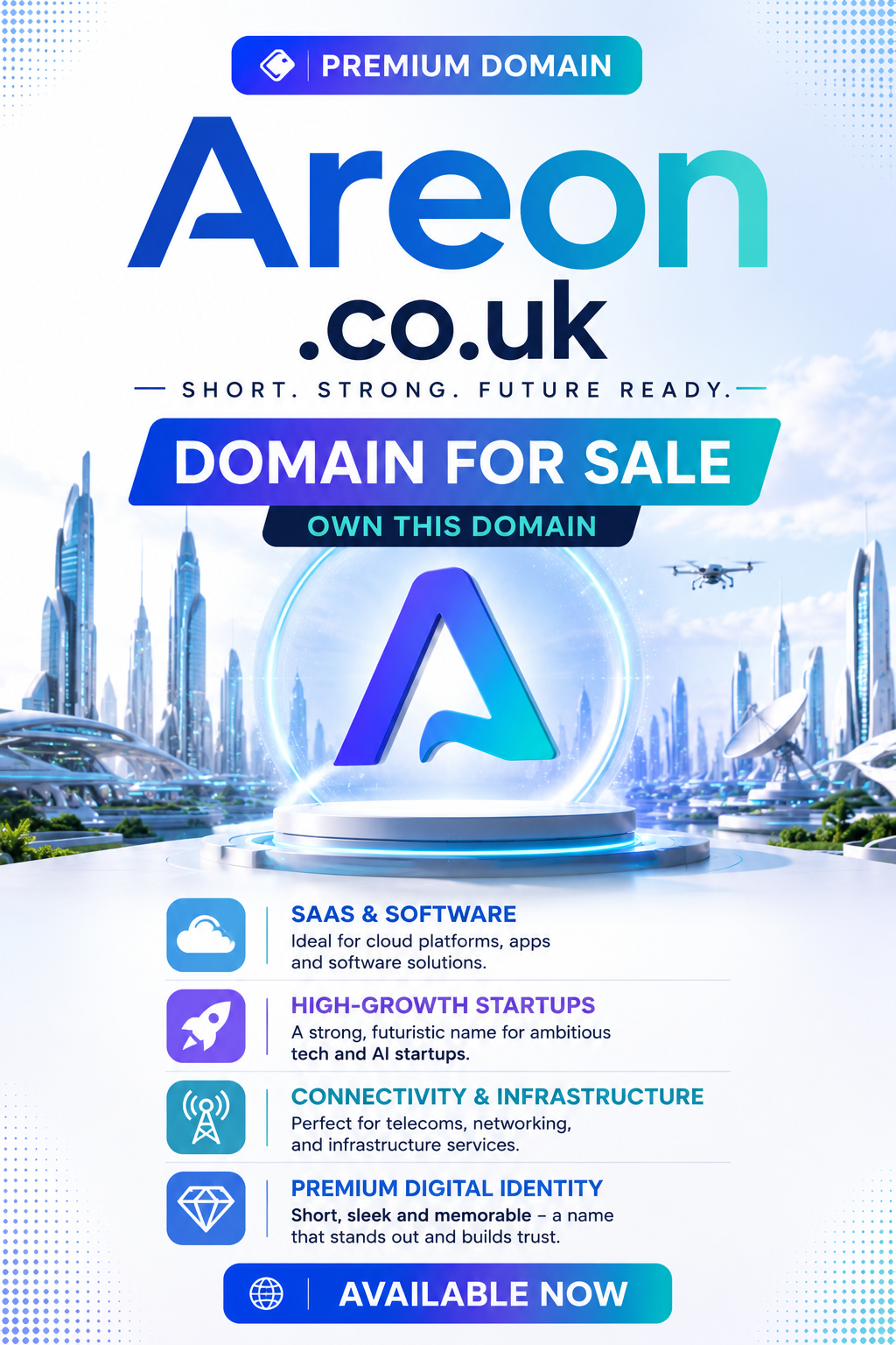 Promotional graphic featuring the domain Areon.co.uk with futuristic skyline and SaaS icons. Style: bright modern tech branding.