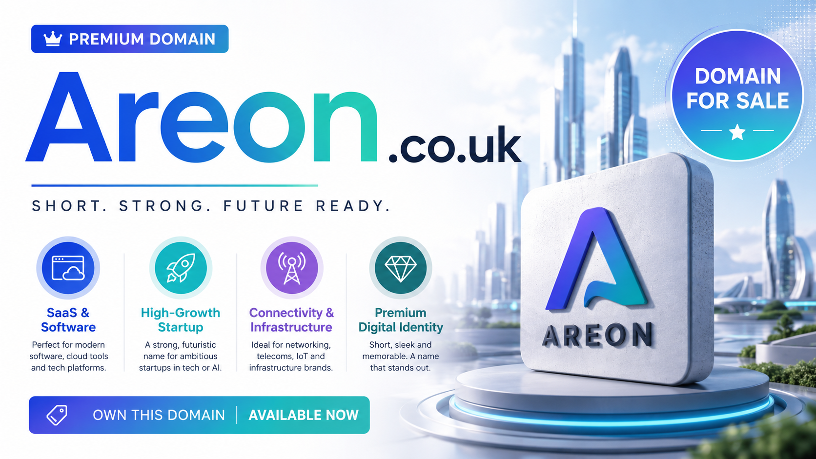 Promotional graphic featuring the domain Areon.co.uk with futuristic skyline and SaaS icons. Style: bright modern tech branding.