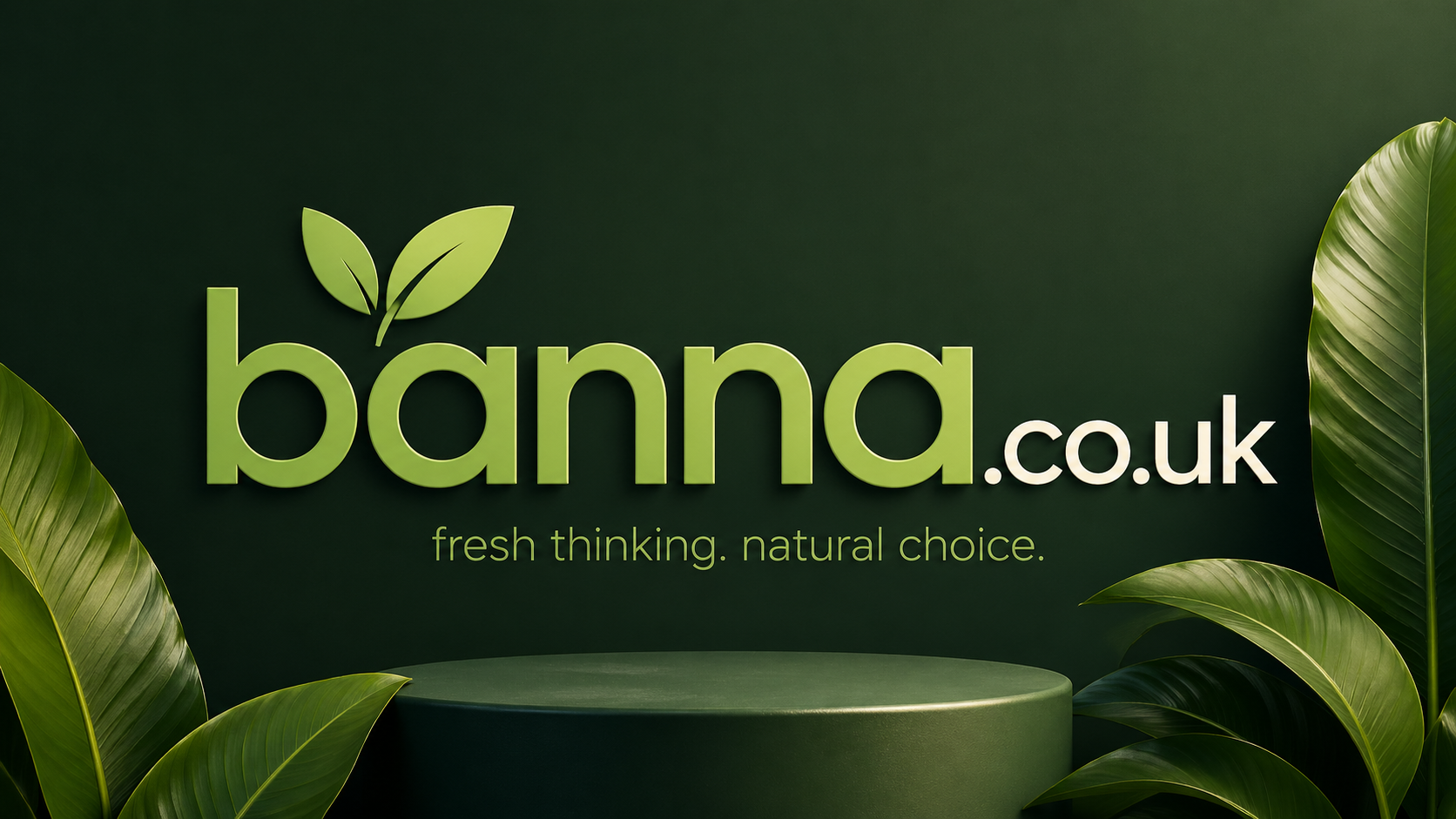 Promo banner featuring the domain banna.co.uk with bold gradient text and leaf motifs, in a clean natural startup-style layout.