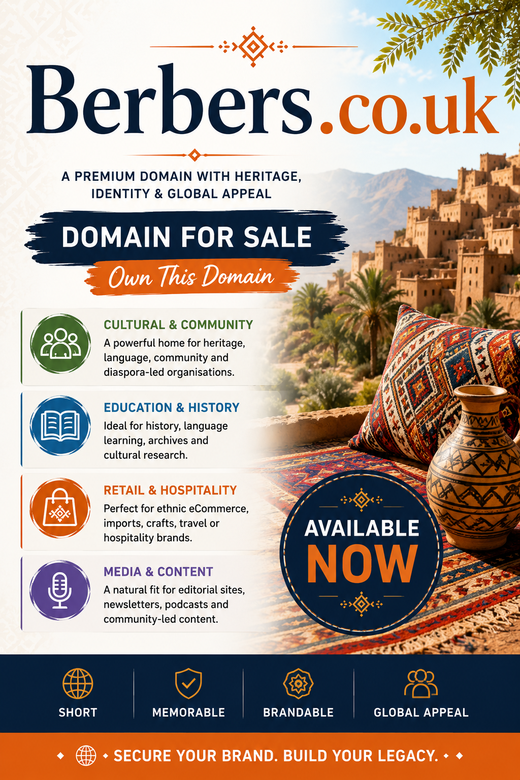 Promotional graphic featuring the domain Berbers.co.uk, shown with cultural motifs and community network icons. Style: bright modern branding.