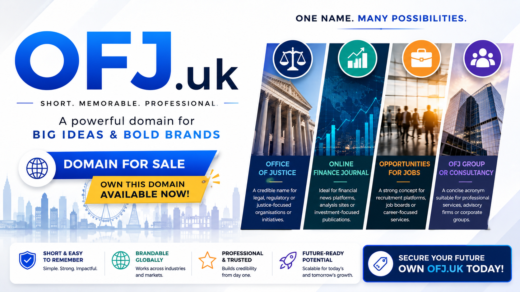 Promotional graphic featuring the domain OFJ.uk with legal, finance and consultancy visuals. Style: bright modern corporate branding.