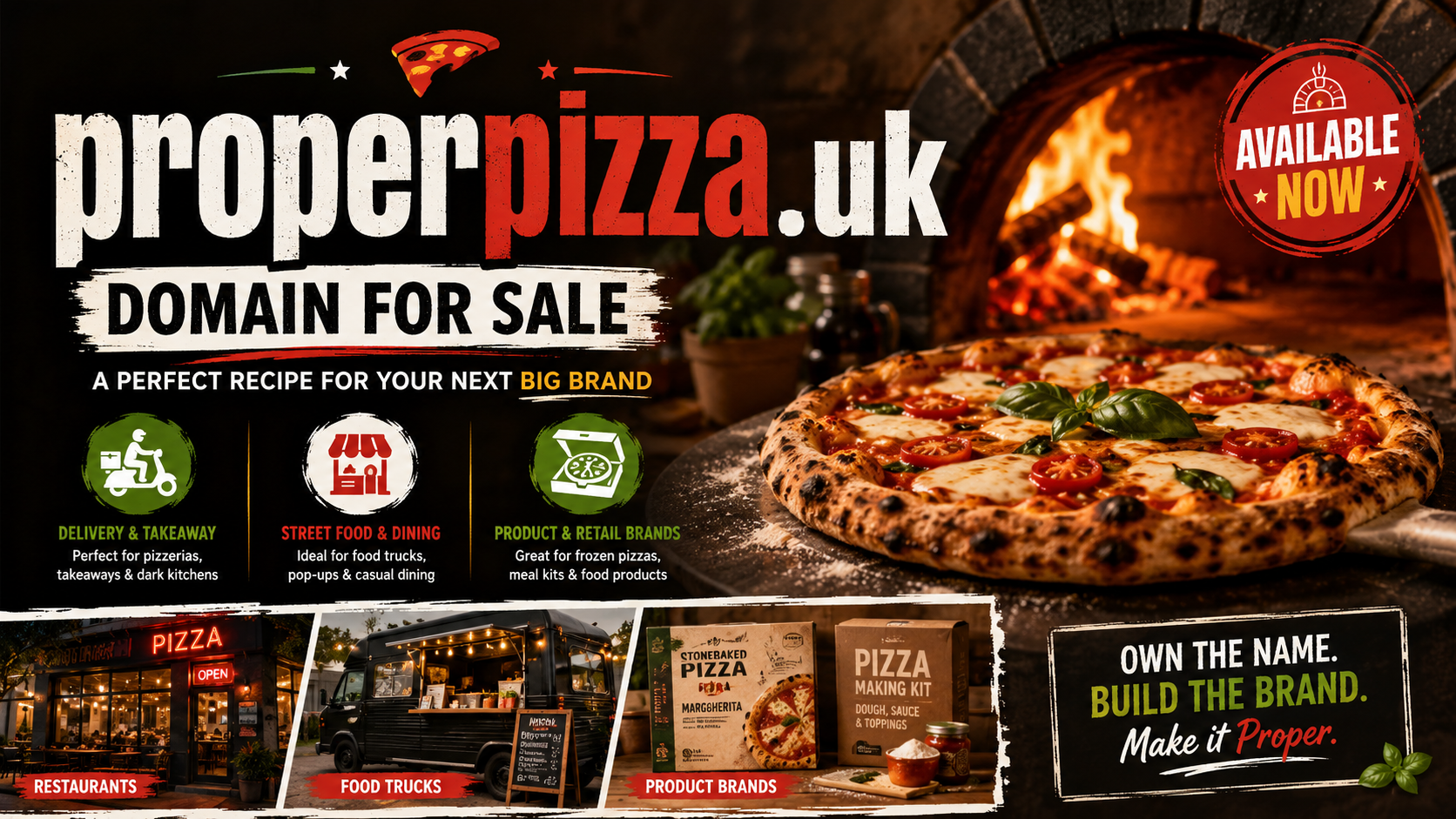 Promotional graphic featuring the domain properpizza.uk, shown with pizza oven and delivery icons. Style: warm modern food branding.